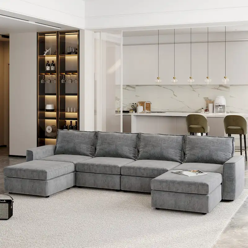 Grey 115 Convertible U-Shaped 6-Seat Modular Sectional Sofa with Ottoman, Customizable Fabric, and Tilting Armrests