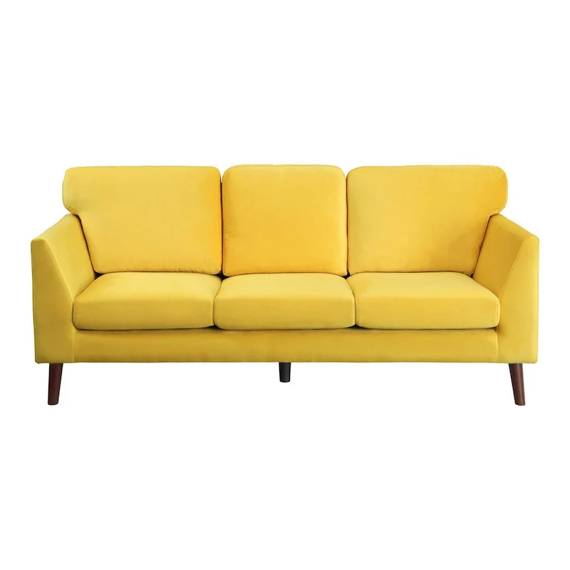 81 Inch Sofa, Yellow Velvet, Reversible Cushions, Dark Brown Wood