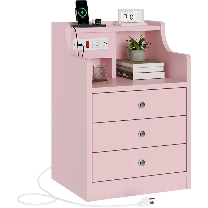 Nightstand 3 Drawers Charging Station End Side Table Bedroom