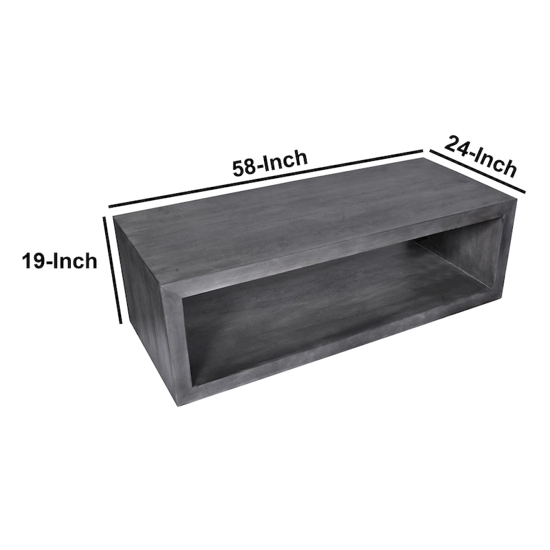Keli 58 Inch Cube Shaped Wooden Coffee Table with Open Bottom Shelf, Charcoal Gray