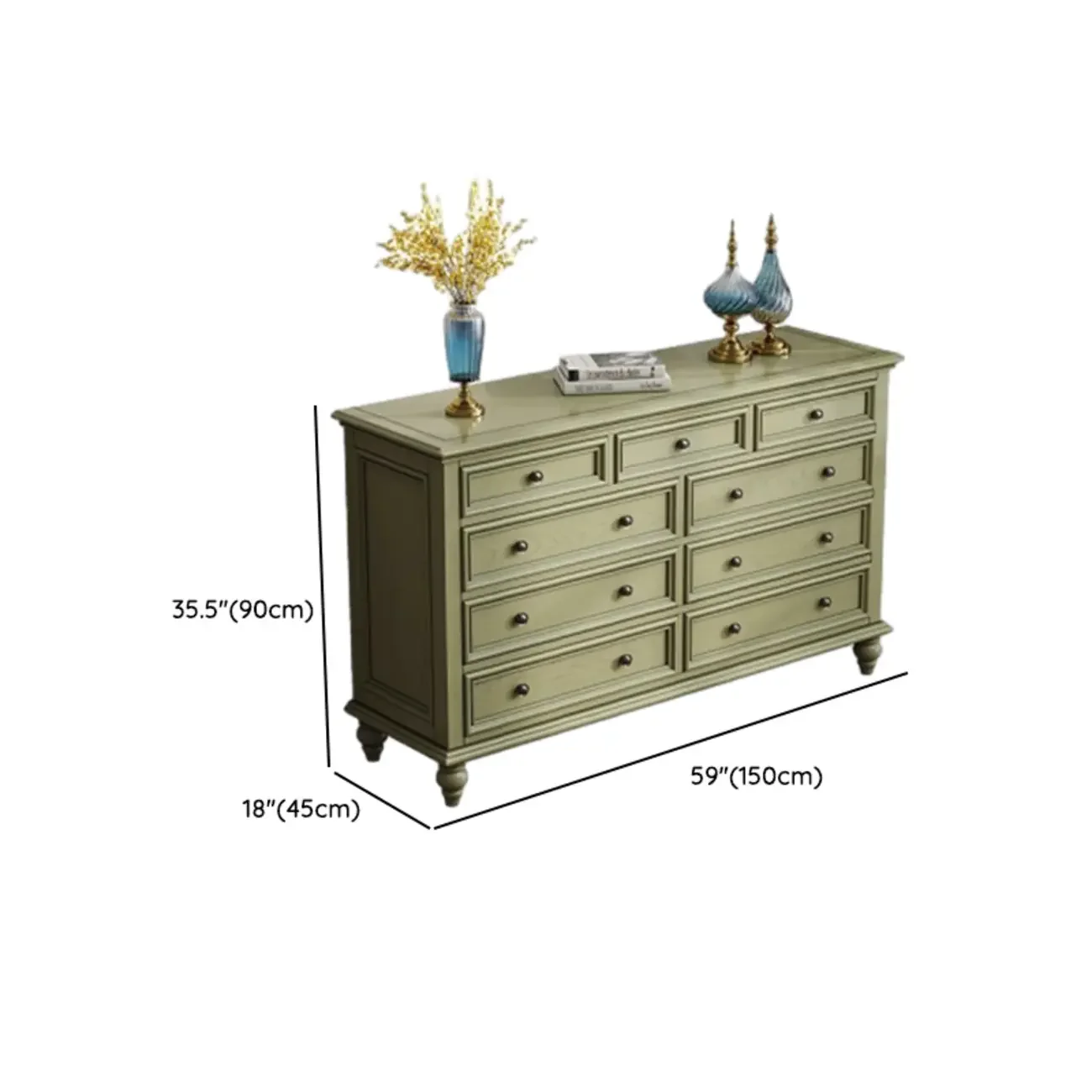 French Country Green Wooden Sideboard with Drawers