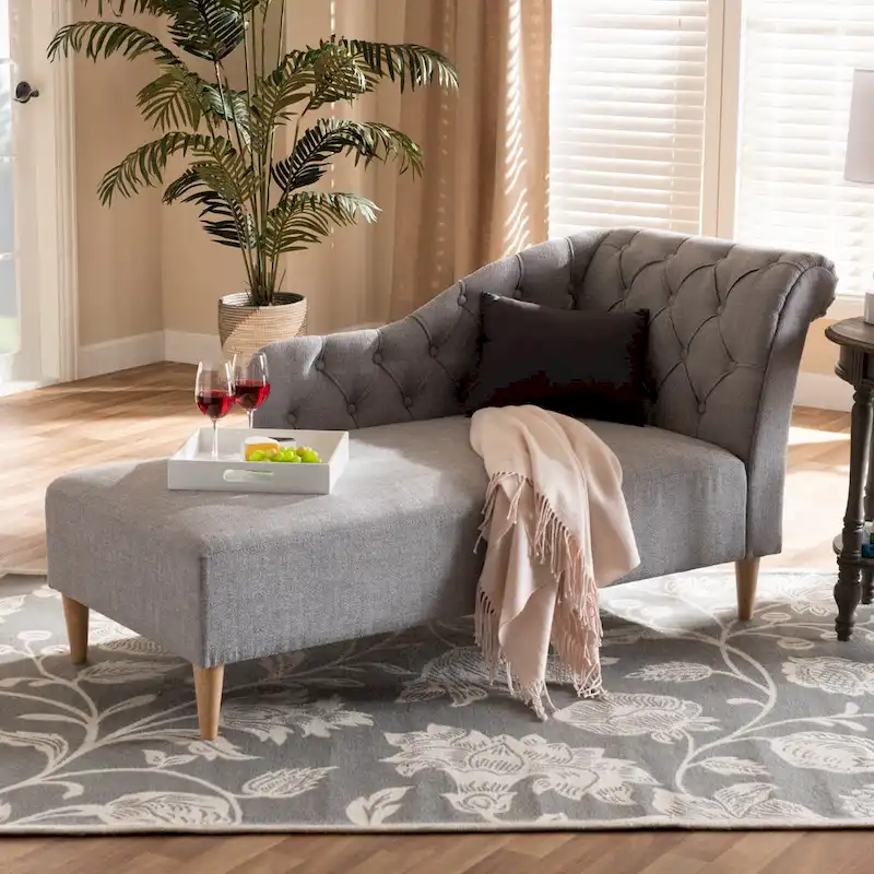 Baxton Studio Emeline Fabric Upholstered Oak Finished Wood Chaise Lounge