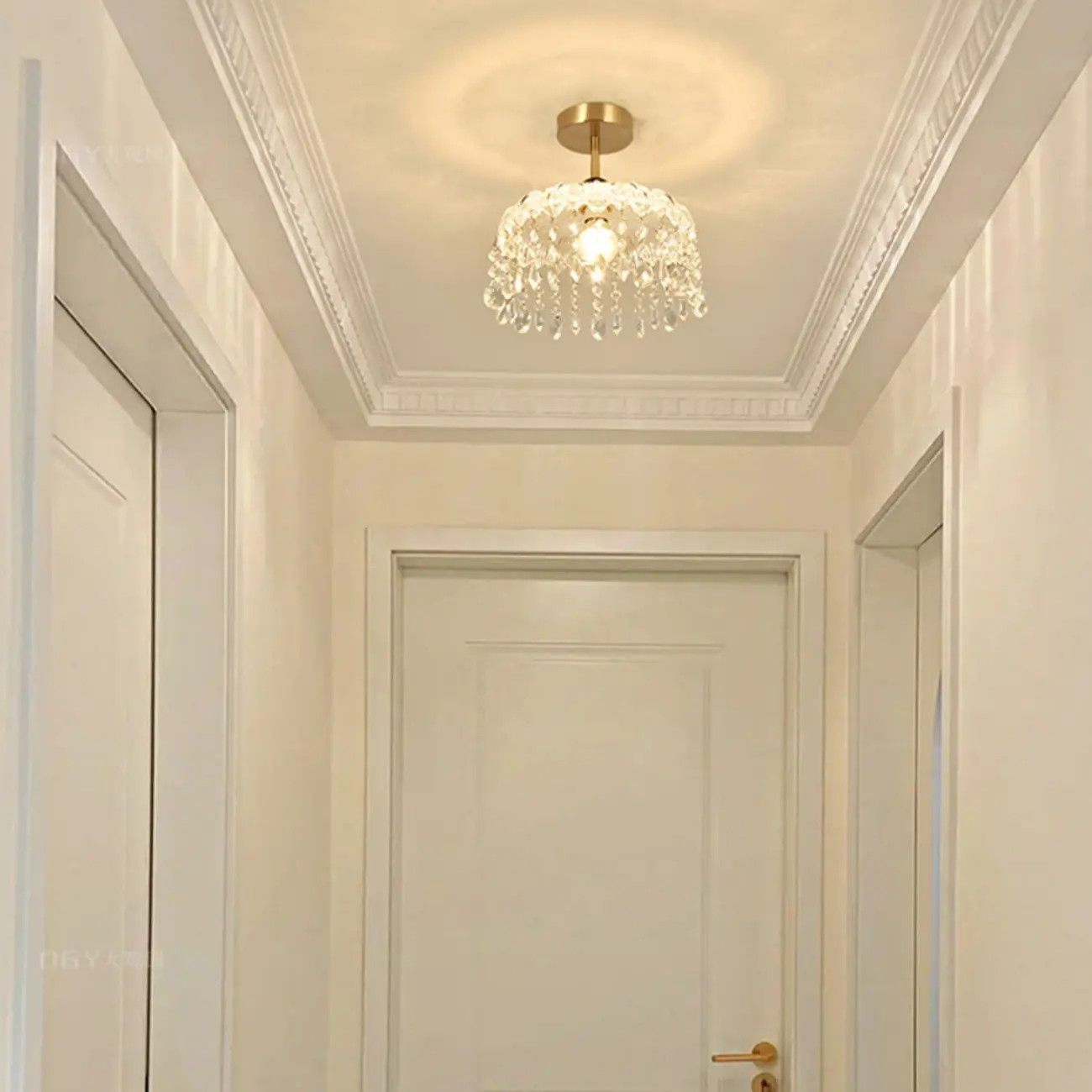 Mini 1 Light Gold Crystal Chandelier Semi Flush Ceiling Light