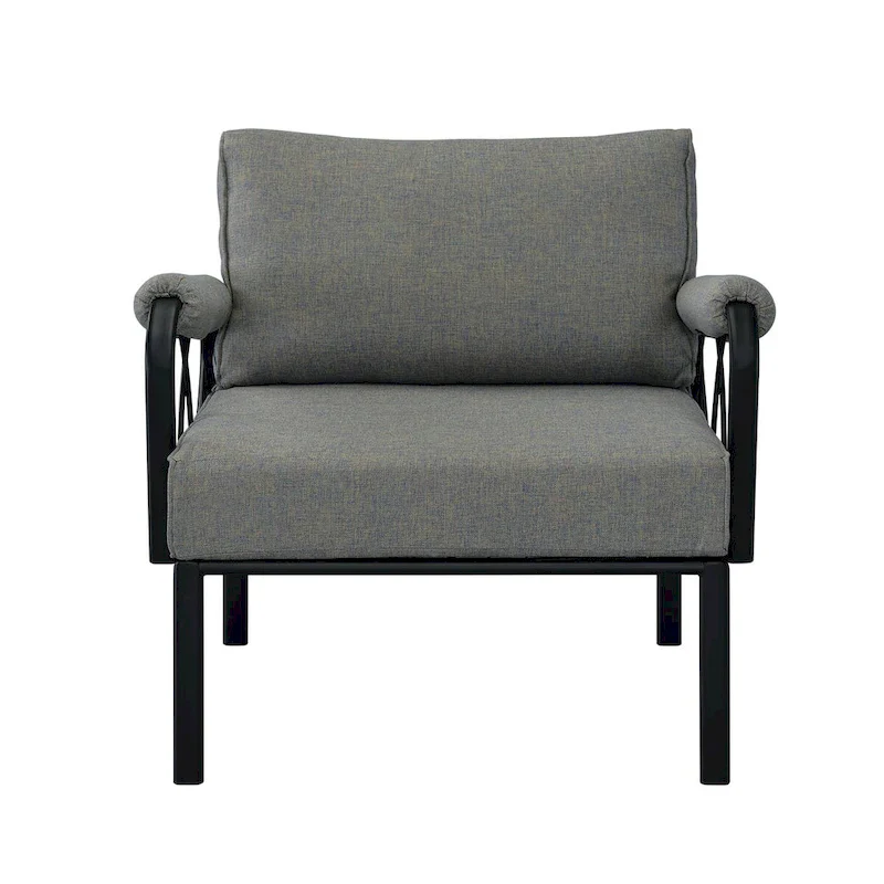 Patio Furniture Set: Armless Chair, Arm Chair, and Ottoman in Gray Fabric & Black Finish