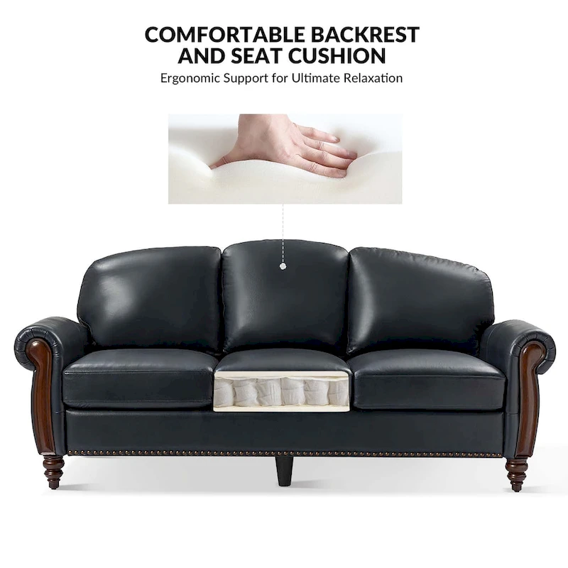 Eduard 84 Traditional Genuine Leather Sofa with Carved Wood Legs by HULALA HOME