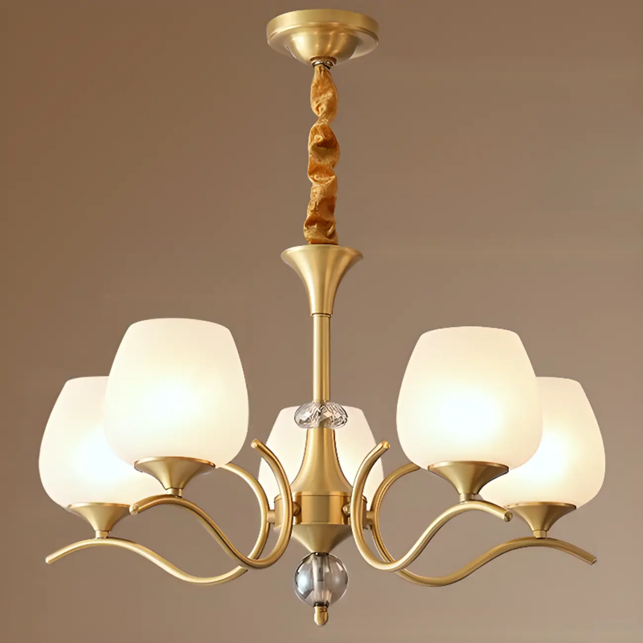 Mid-Century Modern White Glass Elegant Gold Chandelier