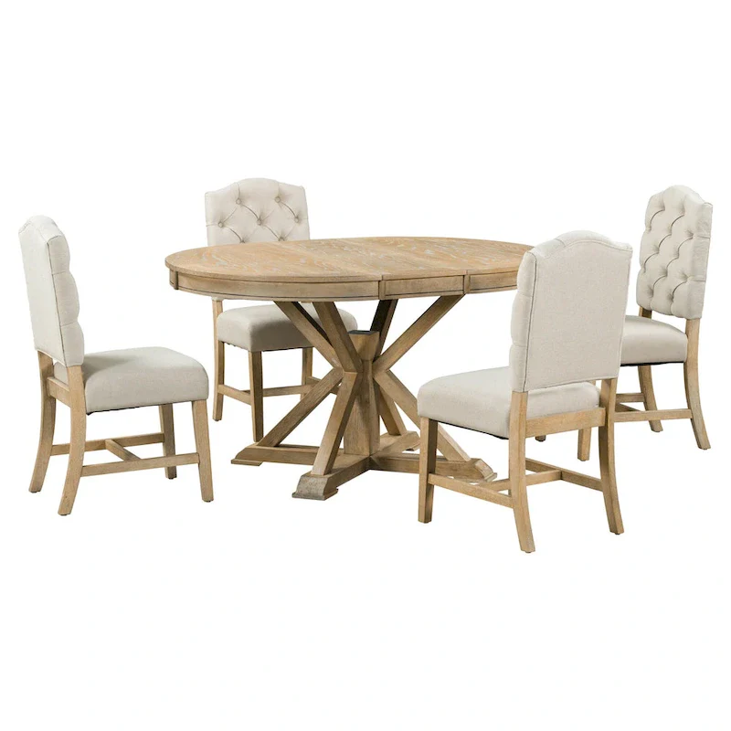 5 Pcs Wooden Round Dining Table Set, Kitchen Dining Table Chair Set with Extendable Table and 4 Upholstered Chairs