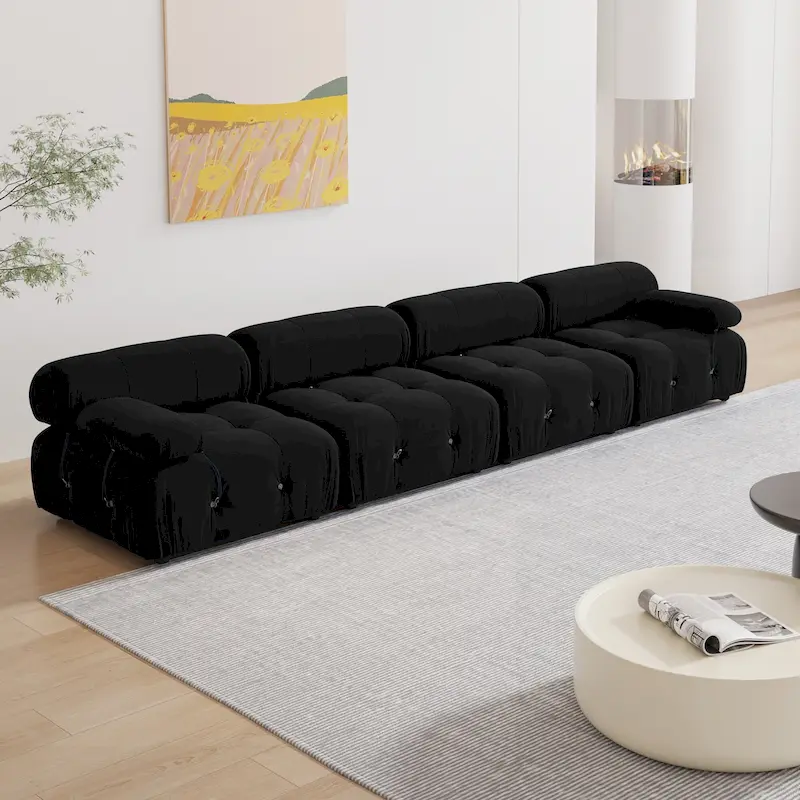 Black Velvet Upholstered Sectional Sofa