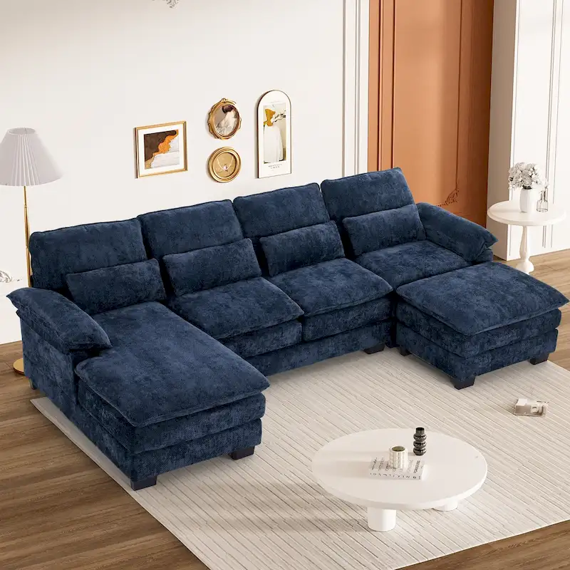 Ouyessir Soft Chenille Fabric U-shaped Sectional Sofa Set with Doudle Layer Cushion