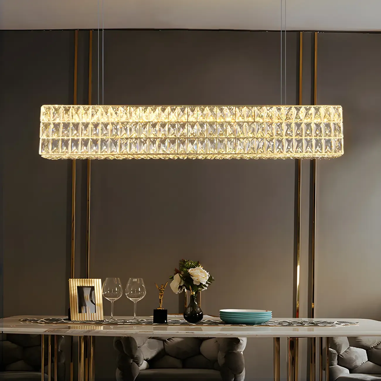 Modern Crystal Steel Rectangular Island Light