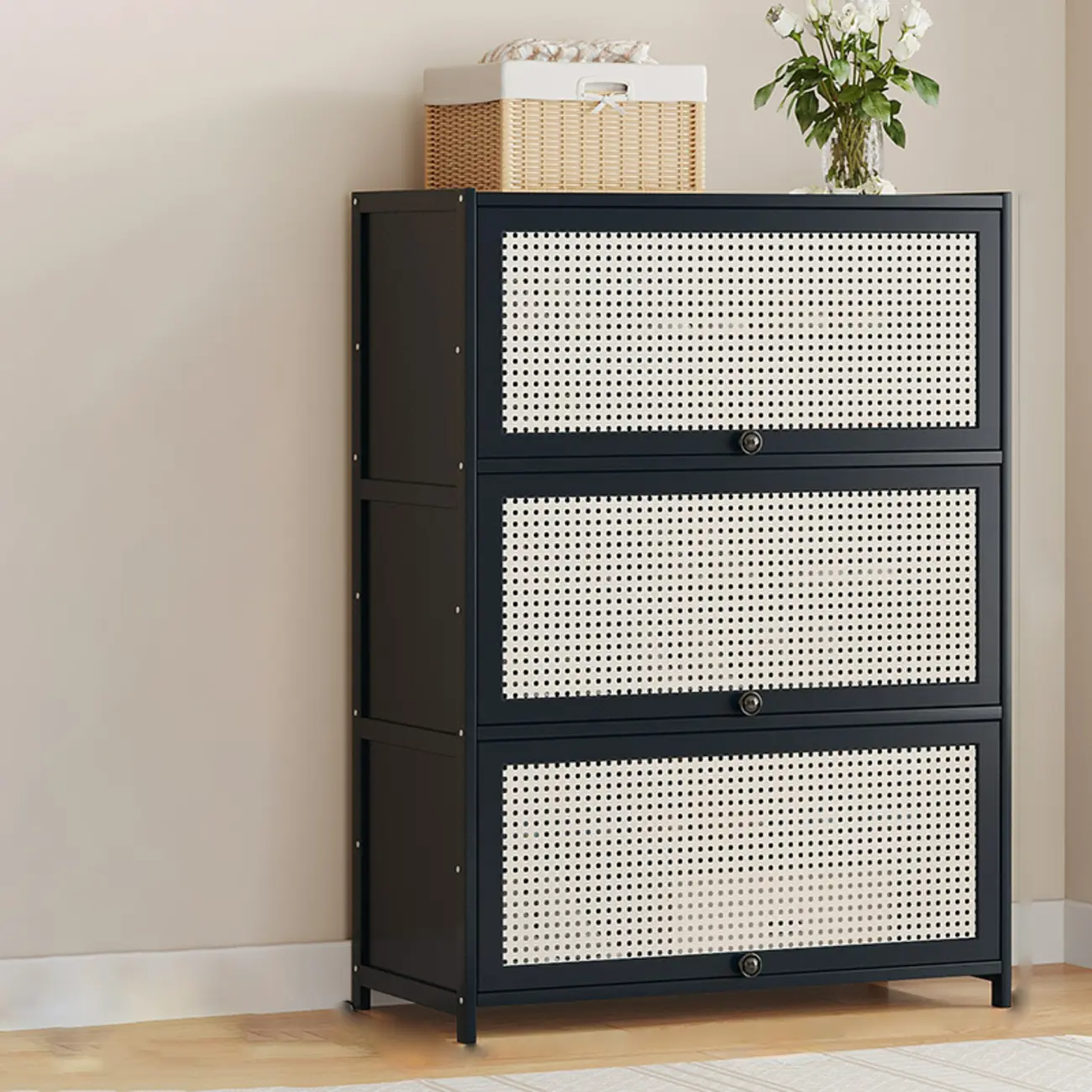 Modern Black Bamboo Shoe Cabinet with Rattan Panels