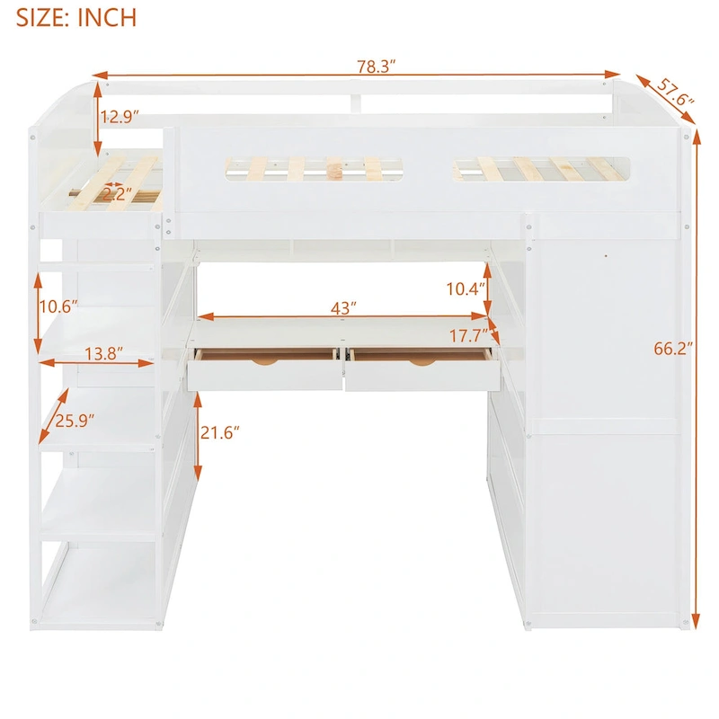 Loft Bed with Desk, Wardrobes, 4 Drawers and 4 Shelves