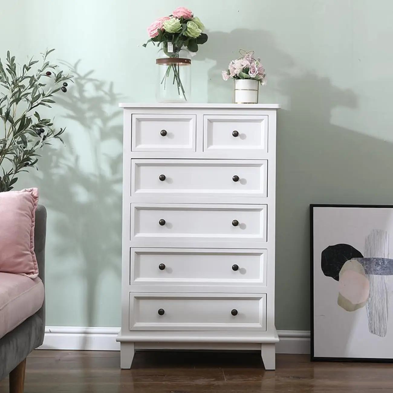Elegant Wooden 9-Drawer White Dresser with Metal Handle