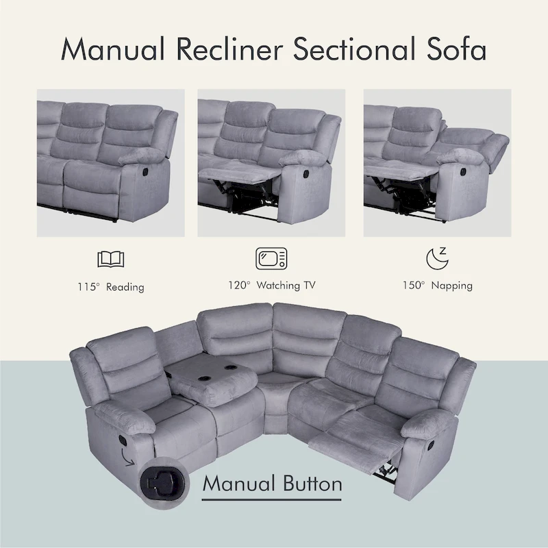 93 Width Polyester/Suede 5-Piece Manual Reclining Sectional Sofa