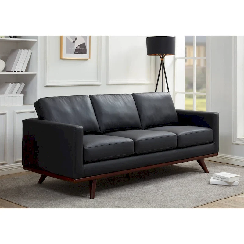 Chester Leather 3-Seater Sofa with Birch Wood Base Modern Living Room Couch with Removable Cushions - 83