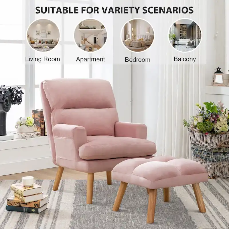 Soft Fabric Casual Living Room Armchair With Adjustable Backrest And Legs Stool
