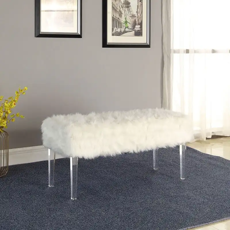 Faux Fur Mid-Century Modern Tufted Upholstered Bench with Acrylic Legs
