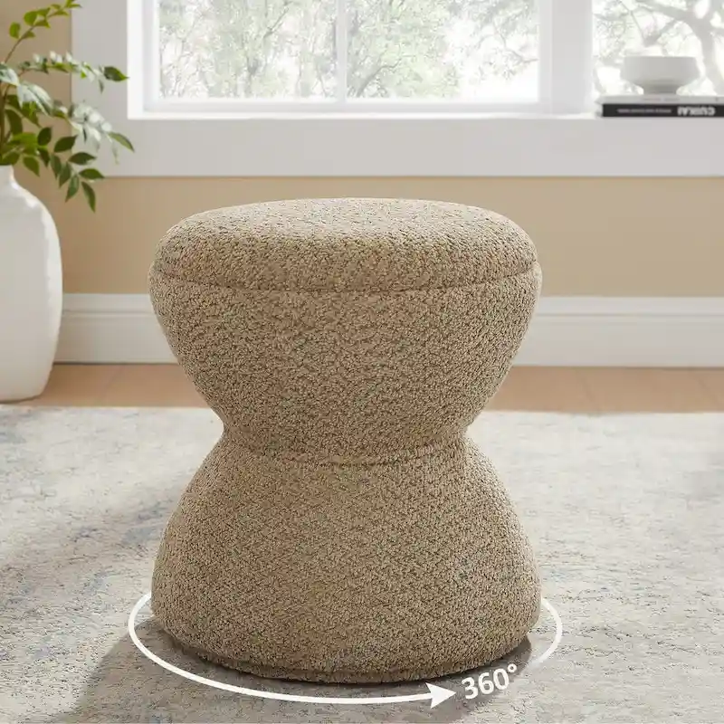 VANOMi Djembe Boucle Upholstered Ottoman with Swivel Base, Pouf, Swivel Vanity Stool for Living Room, Walk-in Closet