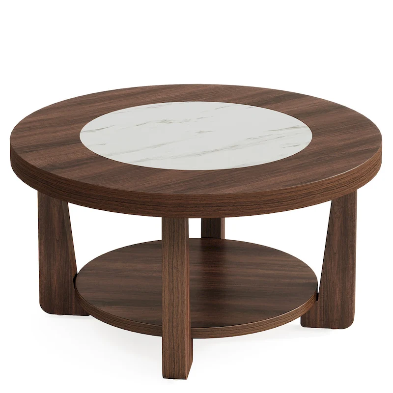Brown/ White Wood Round 2-Tier Coffee Table for Living Room