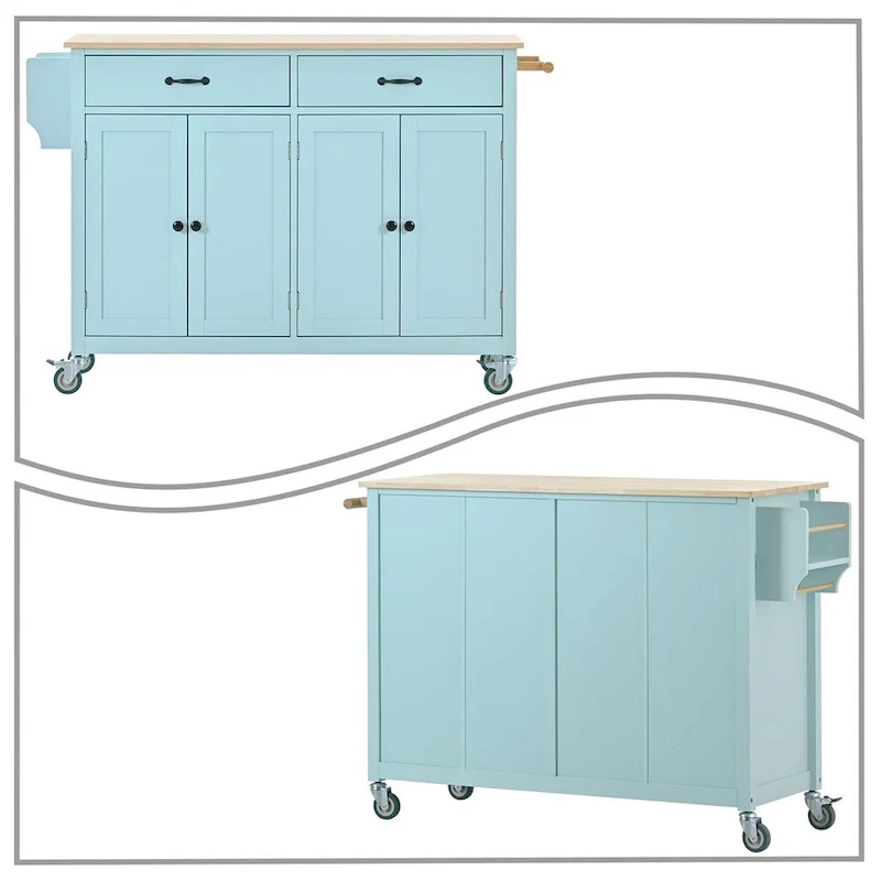 Classic Wooden Kitchen Island Cart with 2 Drawers, 2 Cabinets, a Towel Rack and a Spice Rack