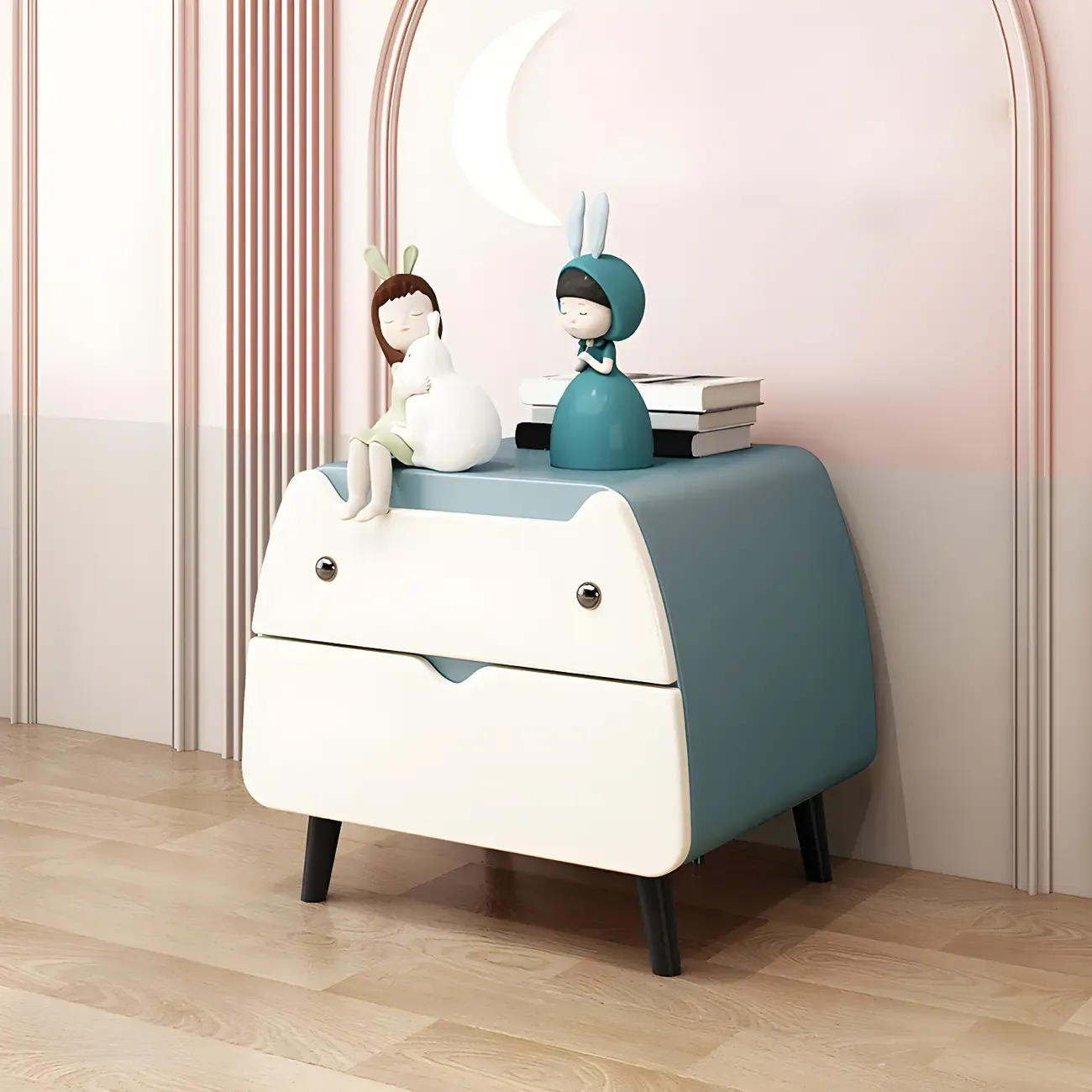 Pink Cute Cat Shape Scandinavian Nightstand with 2 Drawers