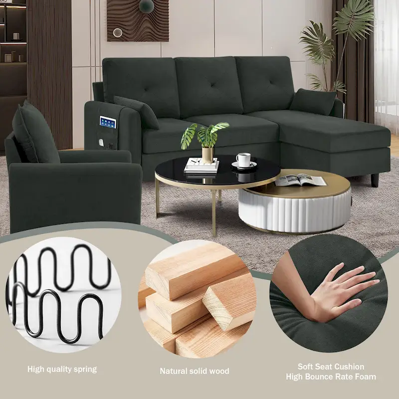 3-Pieces Sectional Sofa Set with Ottoman and Chair