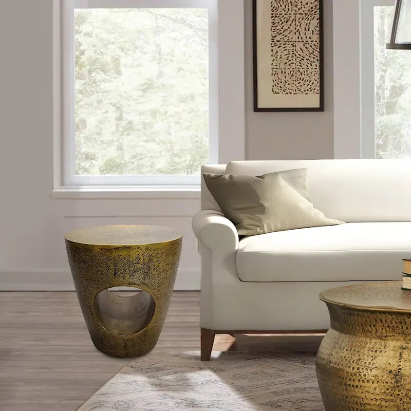 Nala 17 Inch Side End Table, Tapered Drum Shape with Unique Hollow Center, Antique Brass Aluminum