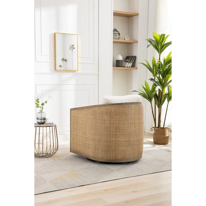 Swivel Barrel Chair, Comfy Round Accent Chair, 360 Degree Swivel Barrel Club Chair, Leisure Arm Chair with Rattan Woven Frame