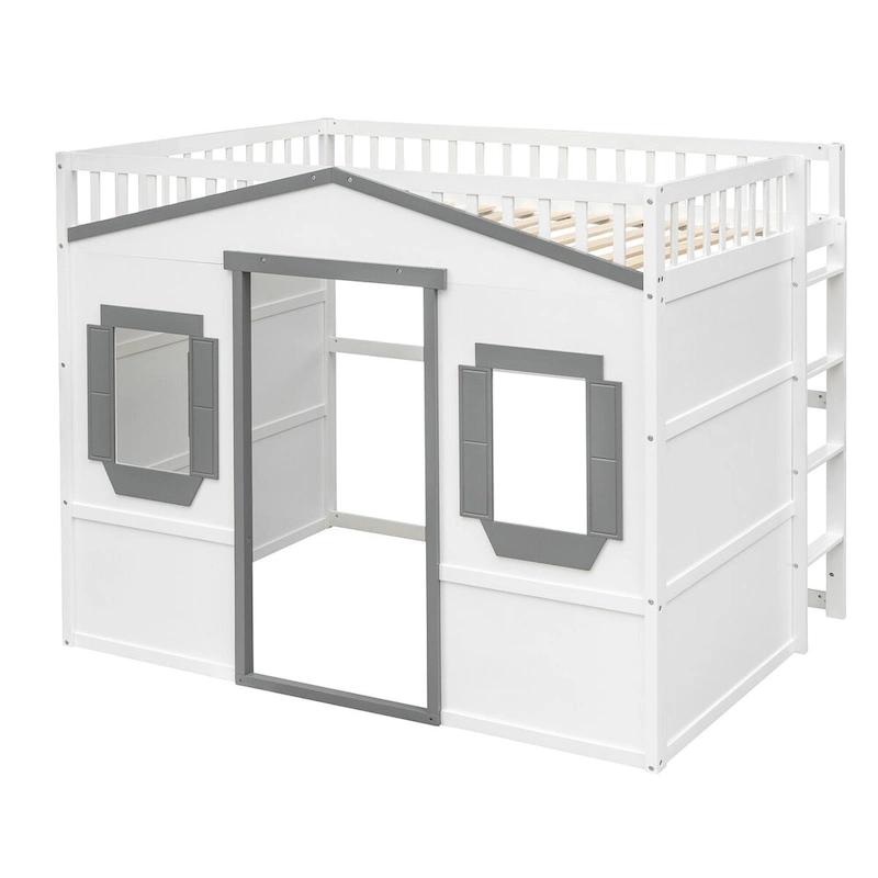 White+Gray Full Size House Loft Bed with Ladder, Doors, Window