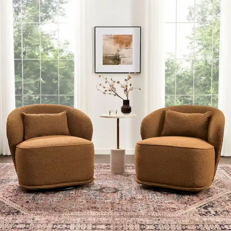KINWELL 33 W Sherpa Boucle Upholstered Accent Swivel Chair (Set of 2)