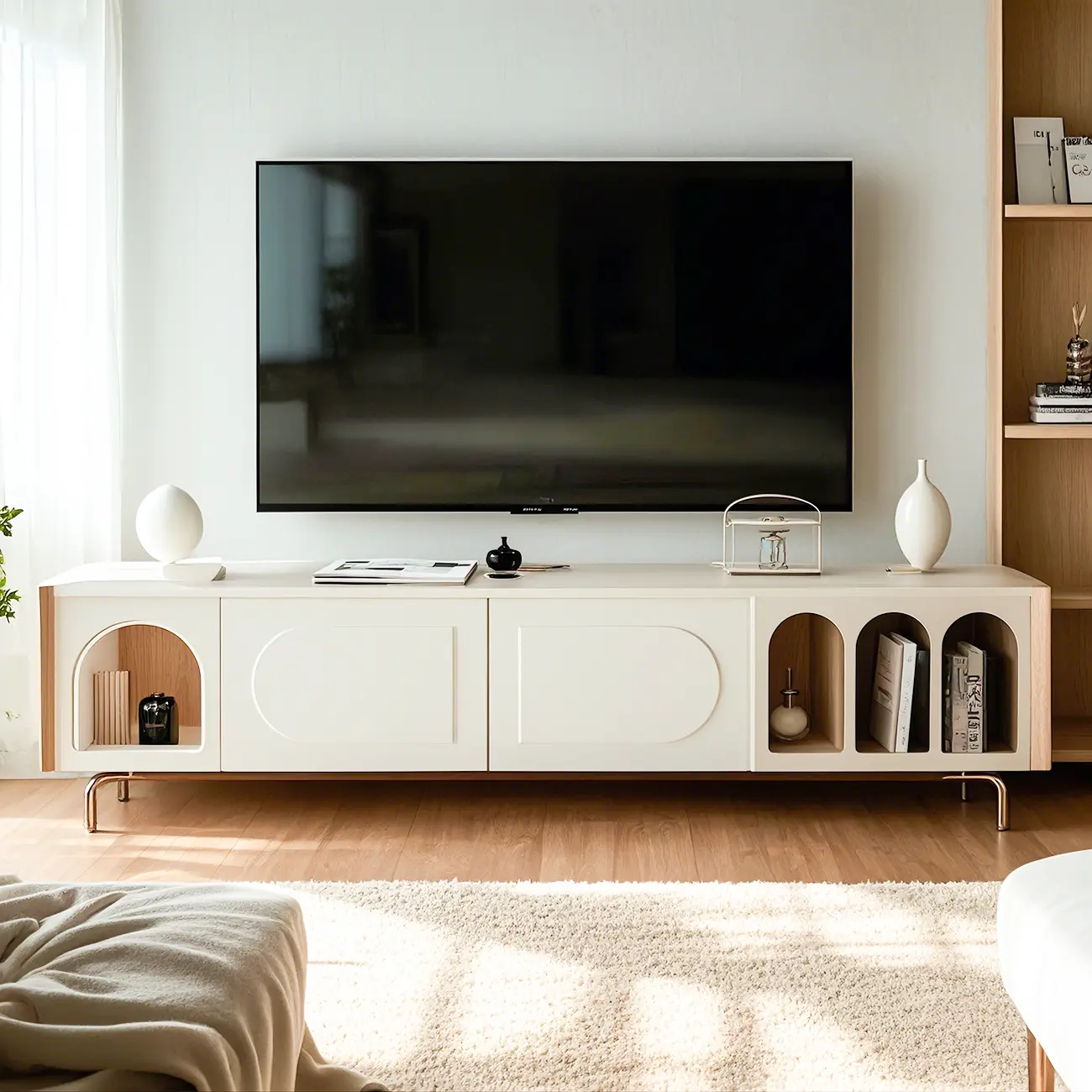 94.5 White Wood Arched Display Niches TV Stand with Cabinets