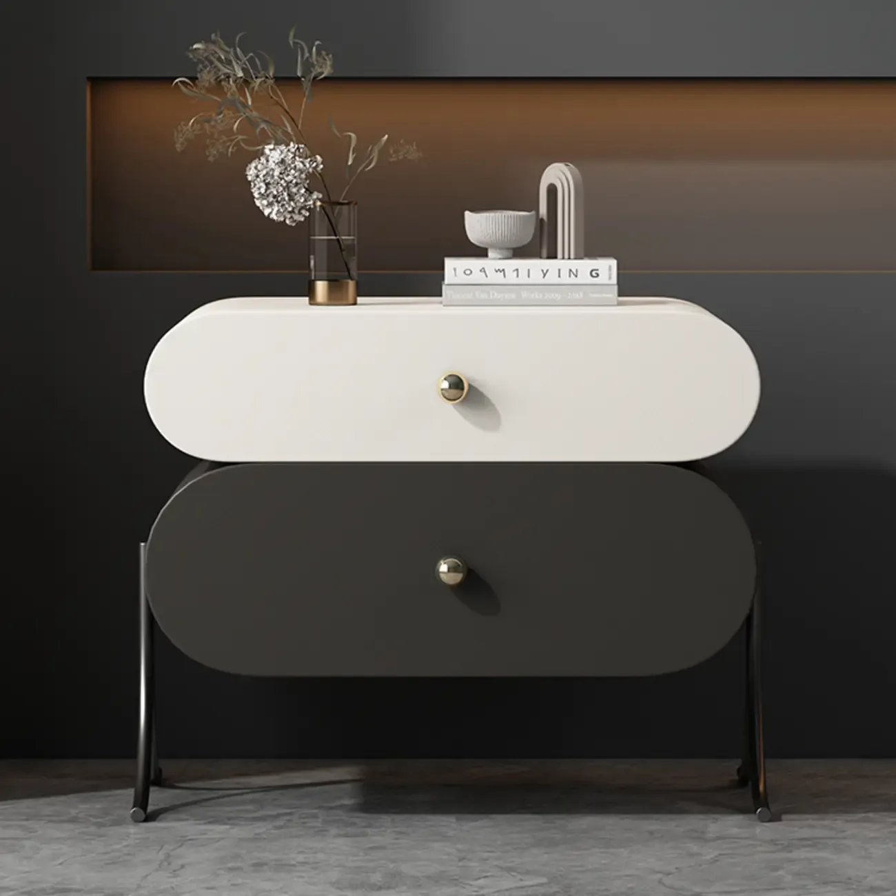 Contemporary Wood Faux Leather Rounded 2-Drawer Nightstand