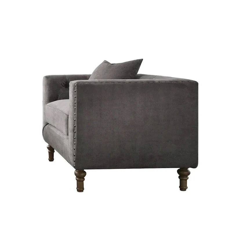 Velvet Tufted Arm Chair with Toss Pillow – Grey / Antiqued Brass, Nailhead Trim, Single Seat