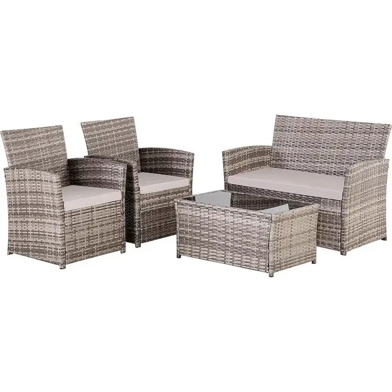 4 Piece Outdoor PE Wicker Furniture Set, Patio Rattan Sectional Sofa Couch with Washable Cushions