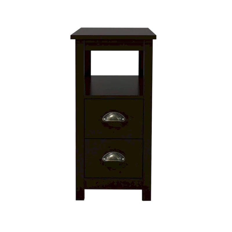 End Table Narrow Nightstand With Two Drawers And Open Shelf-Brown