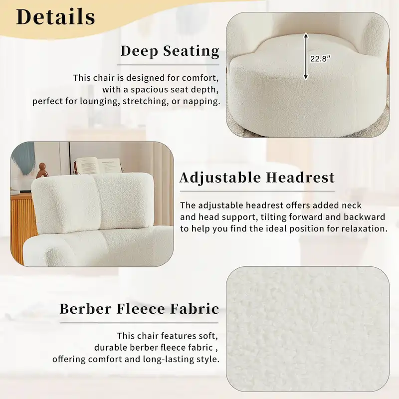 Polyester Barrel Swivel Chair with 360 Rotation, and Adjustable Headrest & Berber Fleece Upholstery - 320lb Capacity