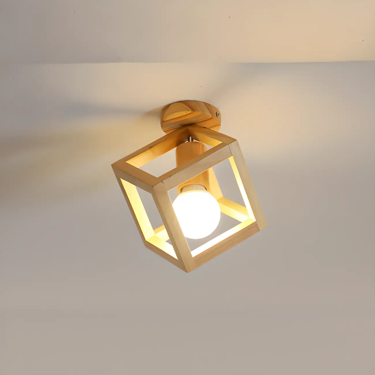 Natural Rubber Wood Cube Shade Semi Flush Ceiling Light