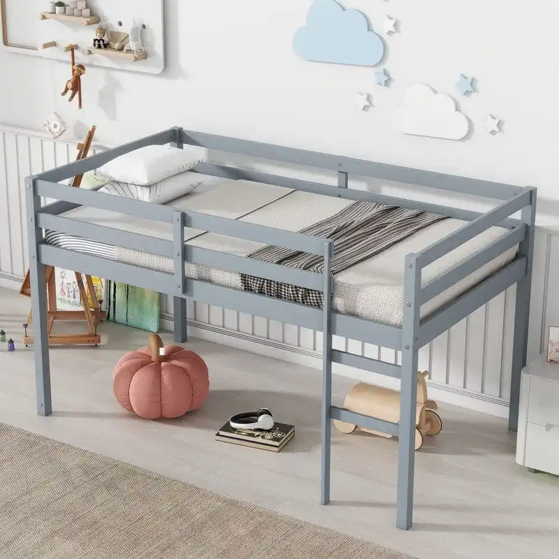 Solid Rubber Wooden Twin Loft Bed with Ladder and Strengthened Slats