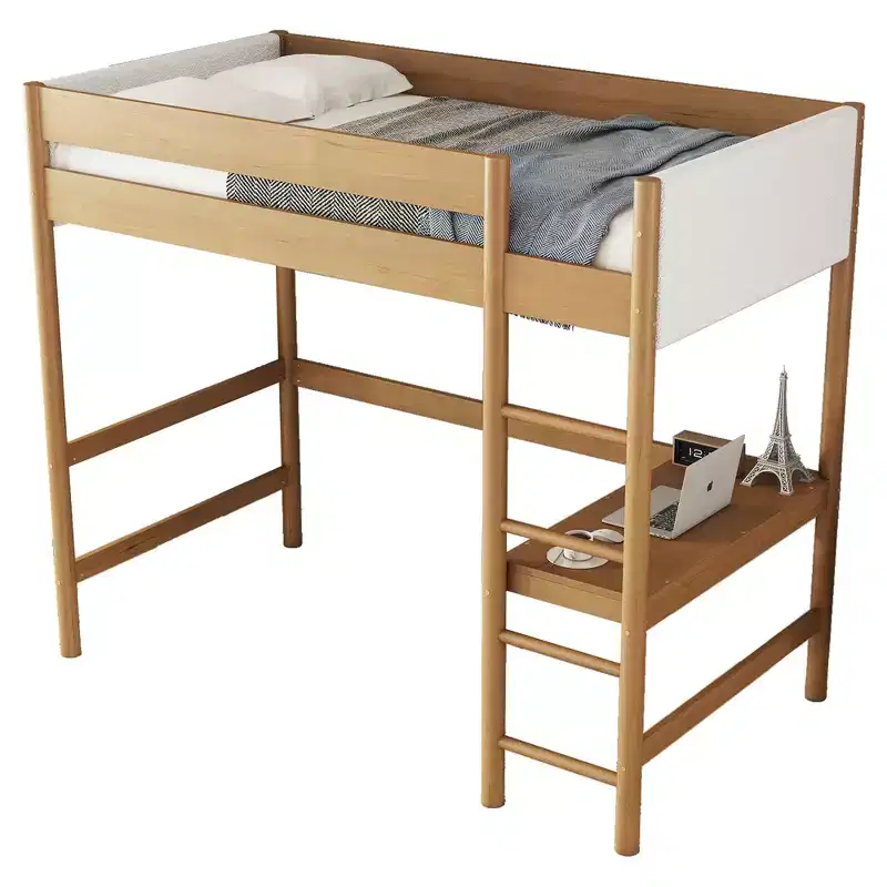 GDFStudio Kelsen Modern Rubberwood Twin Size Loft Bed with Desk and Boucle Upholstered Headboard