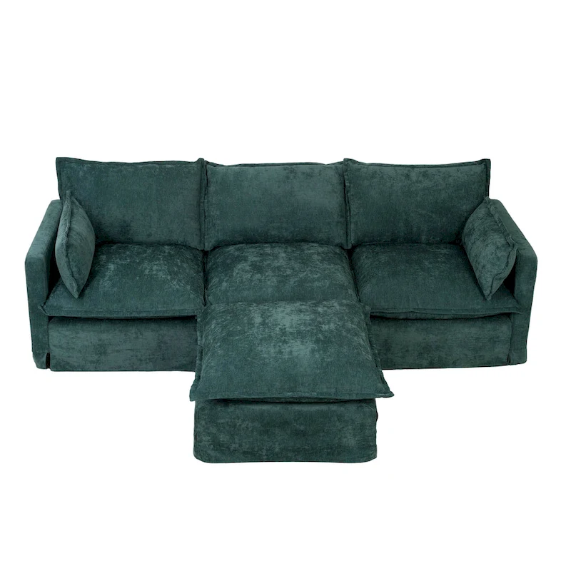 93.31 Faux Linen Modular Sectional Sofa with Movable Ottoman, Solid Wood Frame, and High-Resilience Foam Cushions