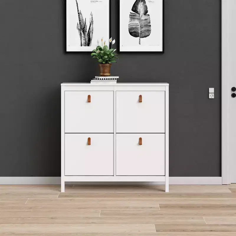 White 4-Drawer Shoe Cabinet, Modern-Traditional Style, Holds 16 Pairs