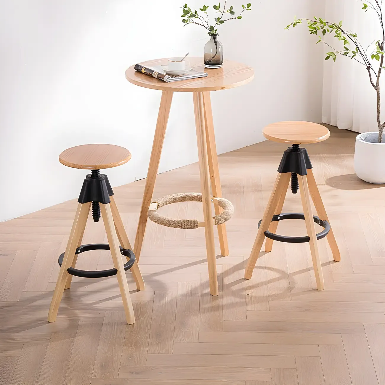 Adjustable Brown Wooden Swivel Backless Bar Stools