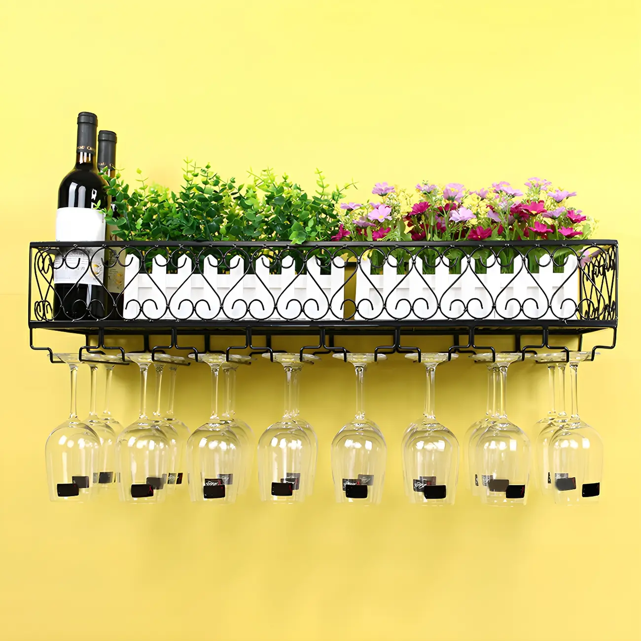 Modish Black Metal Wall Mounted Wine Glass Rack