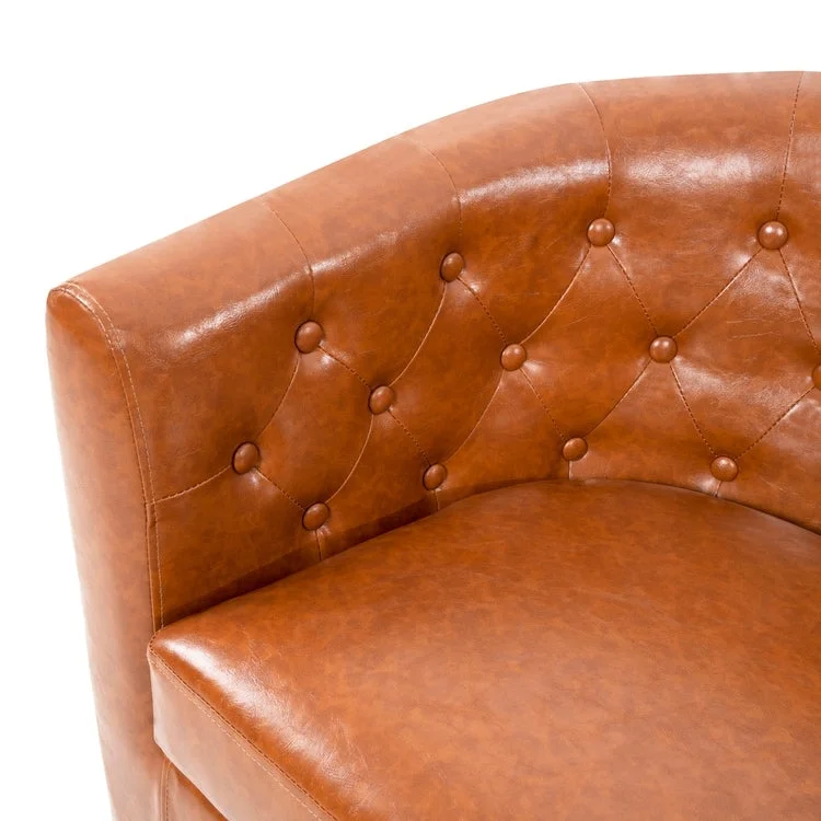 Midcentury Modern Button Tufted Faux Leather Barrel Loveseat - Comfy Tub Loveseat Sofa