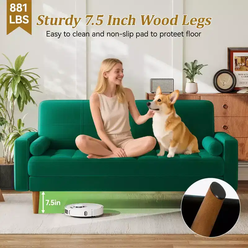 Dyonery 67 Sofa Velvet Loveseat Couch Mid Century Modern Sofa Couch with Solid Wood Legs Beige