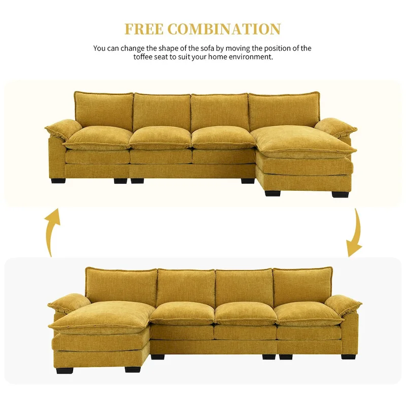 118*55  L-shaped Chenille Cloud Sofa with Double Seat Cushions, 5-seat Upholstered Sleeper Sofa Couch with Chaise Lounge