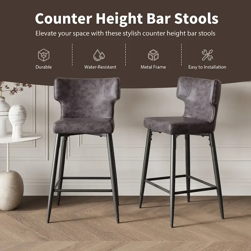 Counter Height Bar Stools Set of 2, Upholstered Armless Chairs with Curved Backrest, Kitchen Island Chair with Footrest