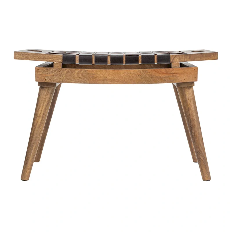 Mango Wood Stool with Woven Leather Top – Brown / Black & Natural, Single Seat