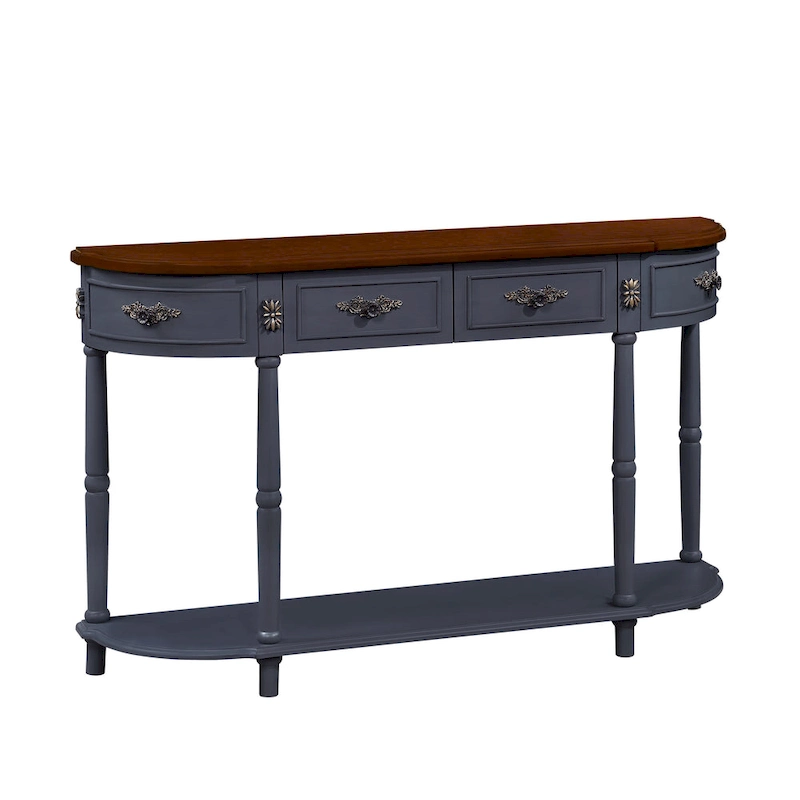 52 inch Circular Half Moon Sofa Table with Open Shelf and 2 Drawers