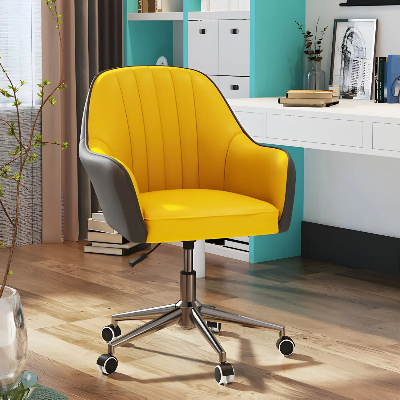Modern Yellow Leather Swivel Office Chair